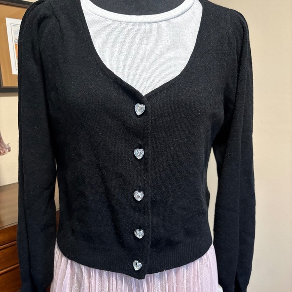 Mini Rose Black Cropped 100% Cashmere Cardigan Crystal Heart Buttons NWT